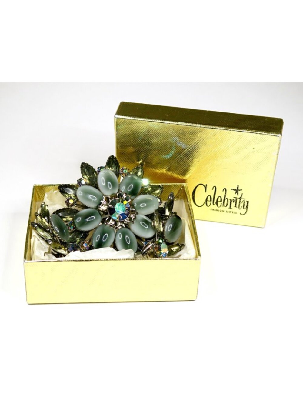 Celebrity Gray Cabochon & AB Rhinestones Brooch Earrings Set Vintage Jewelry